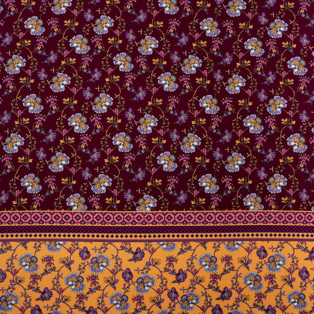 Stretch Polyester Tricot Panel - Burgundy, Creamsicle and Lilac Floral Patchwork and Decorative Stripes - Designer Deadstock