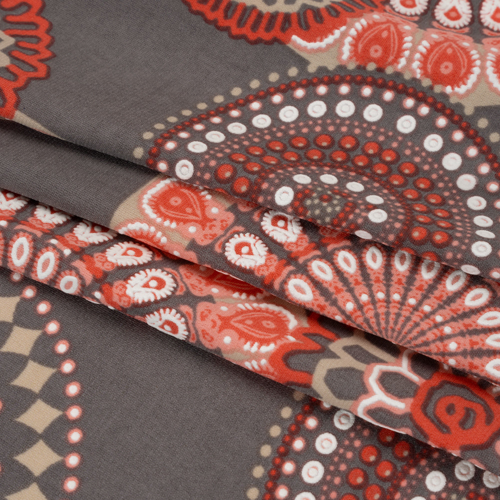 Stretch Polyester Tricot with Puffy Print - Gray, Coral Red and White Circle Medallions - Designer Deadstock