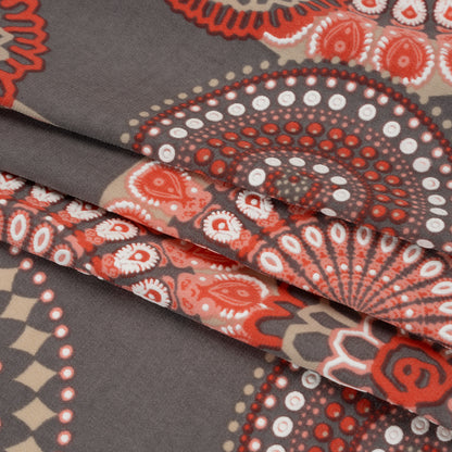 Stretch Polyester Tricot with Puffy Print - Gray, Coral Red and White Circle Medallions - Designer Deadstock