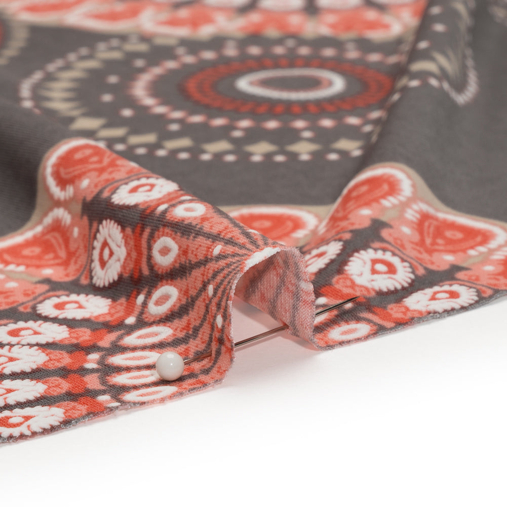 Stretch Polyester Tricot with Puffy Print - Gray, Coral Red and White Circle Medallions - Designer Deadstock