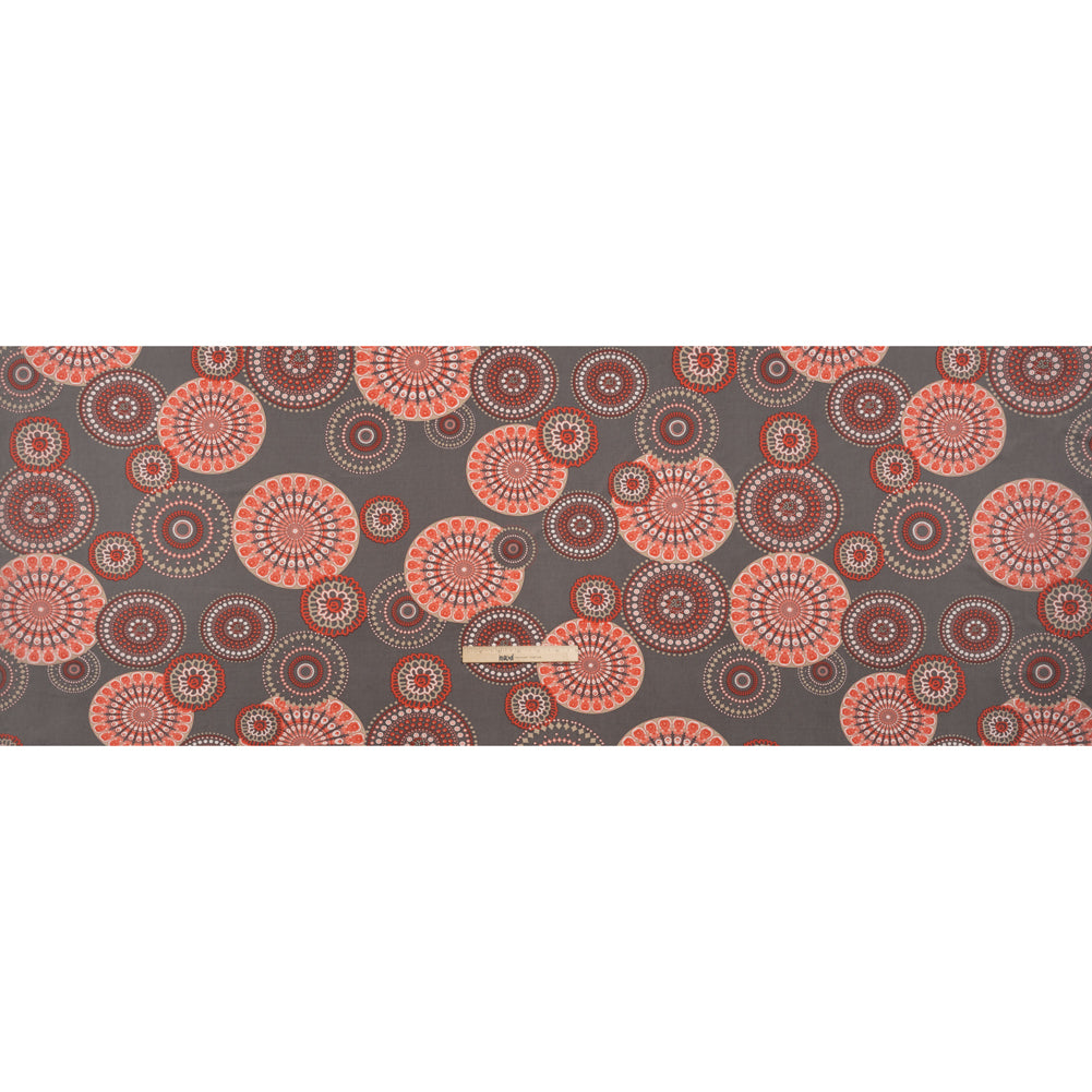 Stretch Polyester Tricot with Puffy Print - Gray, Coral Red and White Circle Medallions - Designer Deadstock