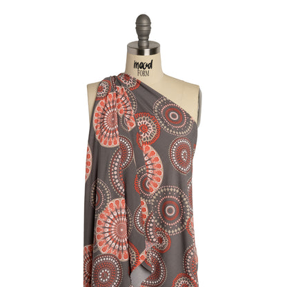 Stretch Polyester Tricot with Puffy Print - Gray, Coral Red and White Circle Medallions - Designer Deadstock