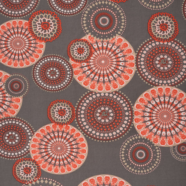 Stretch Polyester Tricot with Puffy Print - Gray, Coral Red and White Circle Medallions - Designer Deadstock