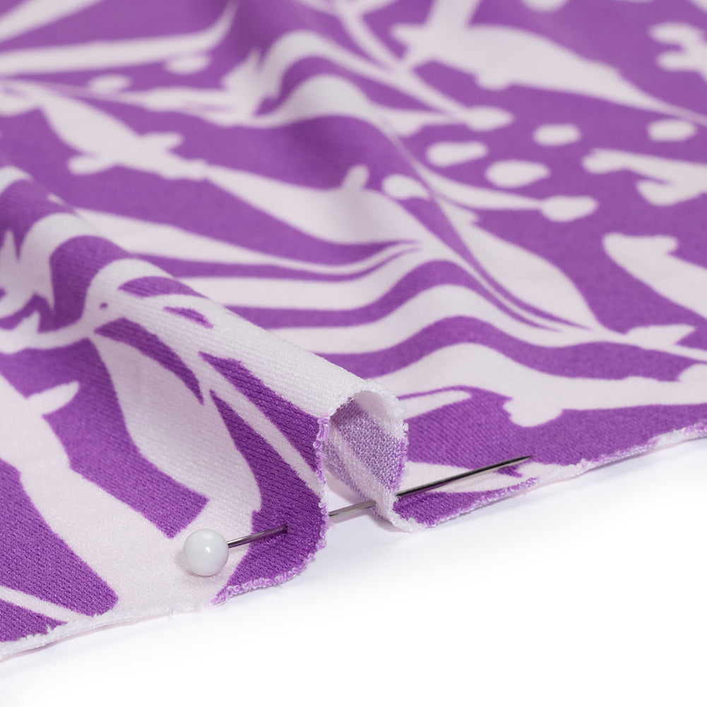 Stretch Polyester Tricot - Purple and Off White Leafy Stems - Designer Deadstock