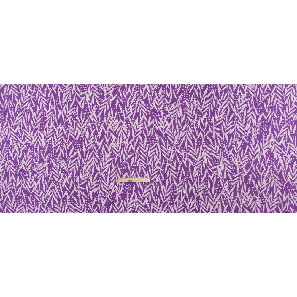 Stretch Polyester Tricot - Purple and Off White Leafy Stems - Designer Deadstock
