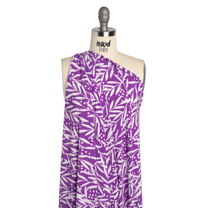 Stretch Polyester Tricot - Purple and Off White Leafy Stems - Designer Deadstock