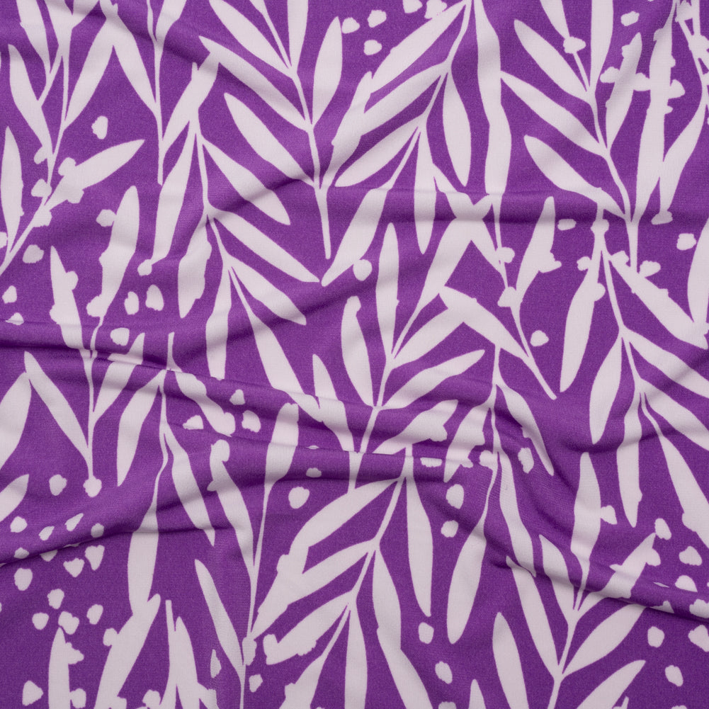 Stretch Polyester Tricot - Purple and Off White Leafy Stems - Designer Deadstock