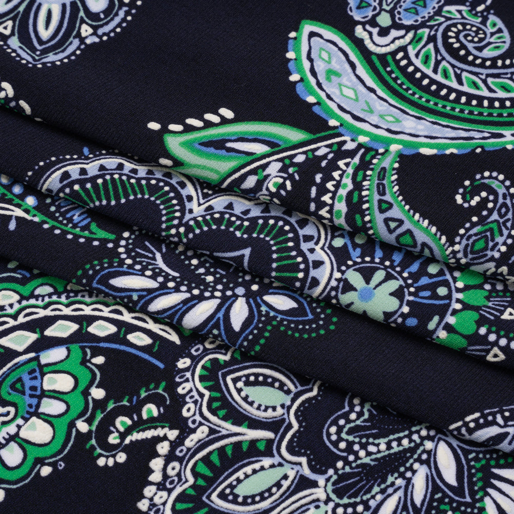 Stretch Polyester Tricot with Puff Print - Navy, Green and White Floral and Paisley - Designer Deadstock
