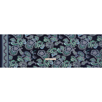 Stretch Polyester Tricot with Puff Print - Navy, Green and White Floral and Paisley - Designer Deadstock