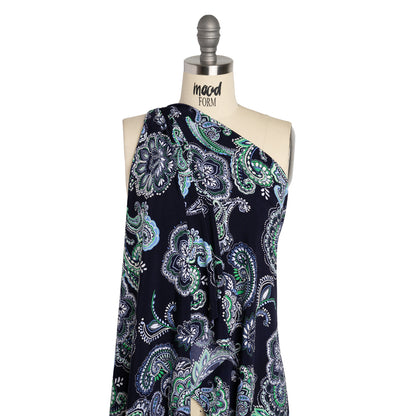 Stretch Polyester Tricot with Puff Print - Navy, Green and White Floral and Paisley - Designer Deadstock