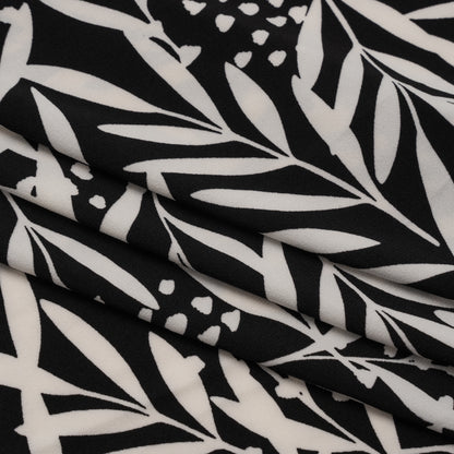 Stretch Polyester Tricot - Black and White Leafy Stems - Designer Deadstock