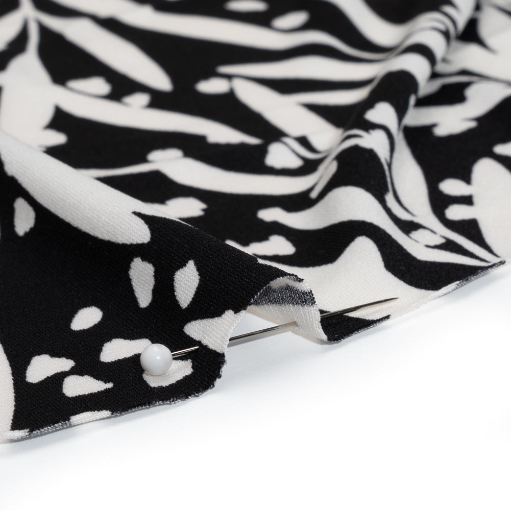 Stretch Polyester Tricot - Black and White Leafy Stems - Designer Deadstock - Detail