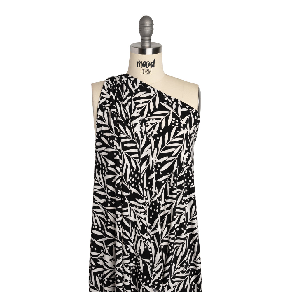 Stretch Polyester Tricot - Black and White Leafy Stems - Designer Deadstock - Drape