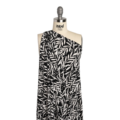 Stretch Polyester Tricot - Black and White Leafy Stems - Designer Deadstock