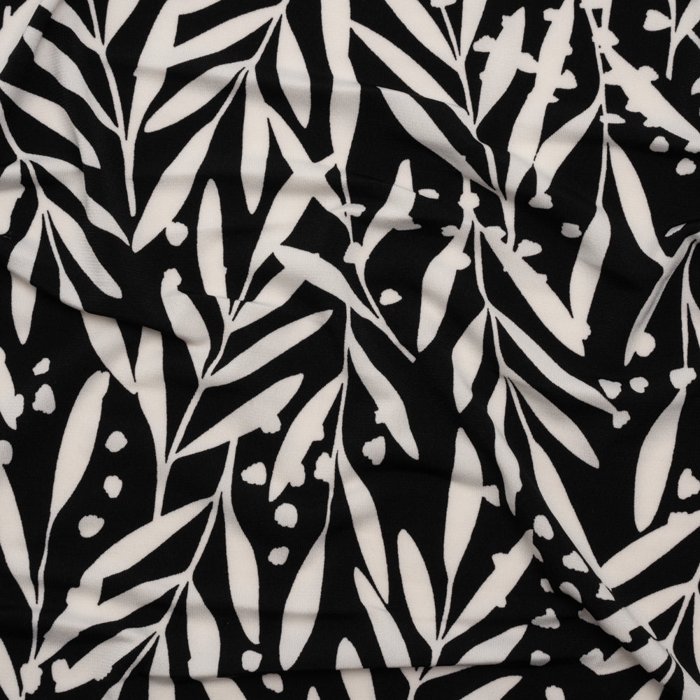 Stretch Polyester Tricot - Black and White Leafy Stems - Designer Deadstock