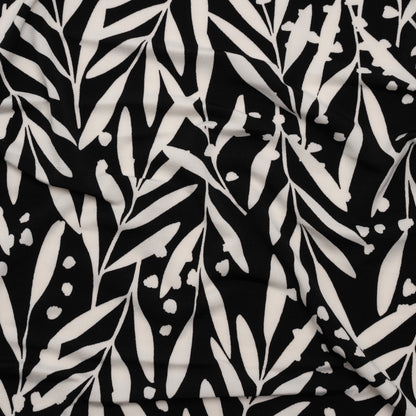 Stretch Polyester Tricot - Black and White Leafy Stems - Designer Deadstock