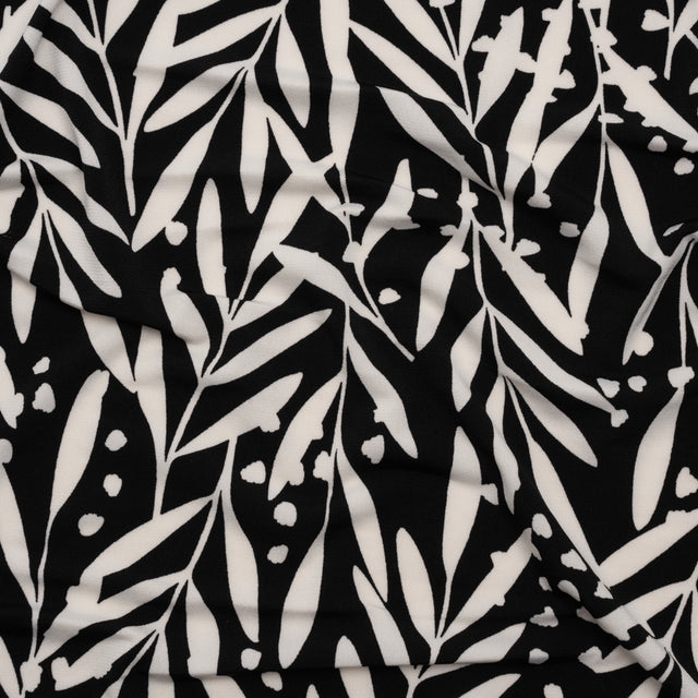 Stretch Polyester Tricot - Black and White Leafy Stems - Designer Deadstock