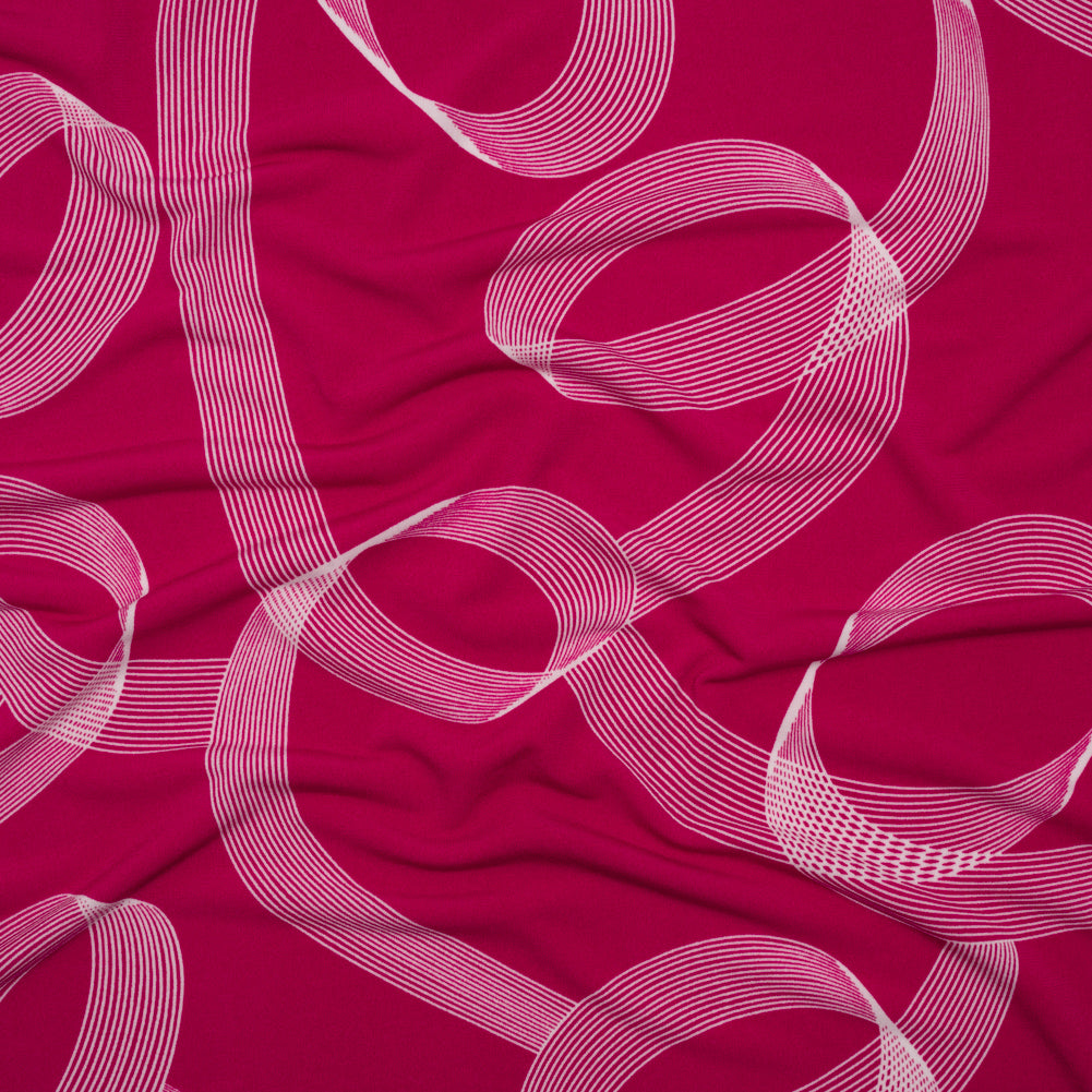 Stretch Polyester Tricot - Raspberry Pink and White Looping Lines - De