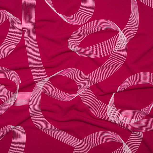 Stretch Polyester Tricot - Raspberry Pink and White Looping Lines - Designer Deadstock