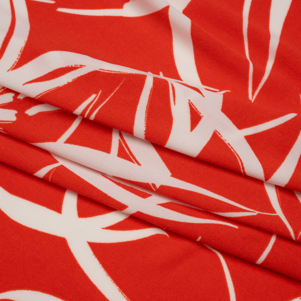 Stretch Polyester Tricot - Orange Red and White Flowers and Leaves - Designer Deadstock