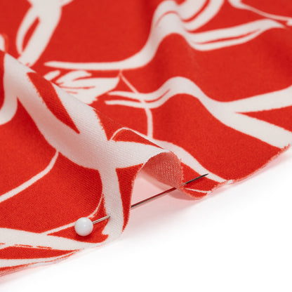Stretch Polyester Tricot - Orange Red and White Flowers and Leaves - Designer Deadstock
