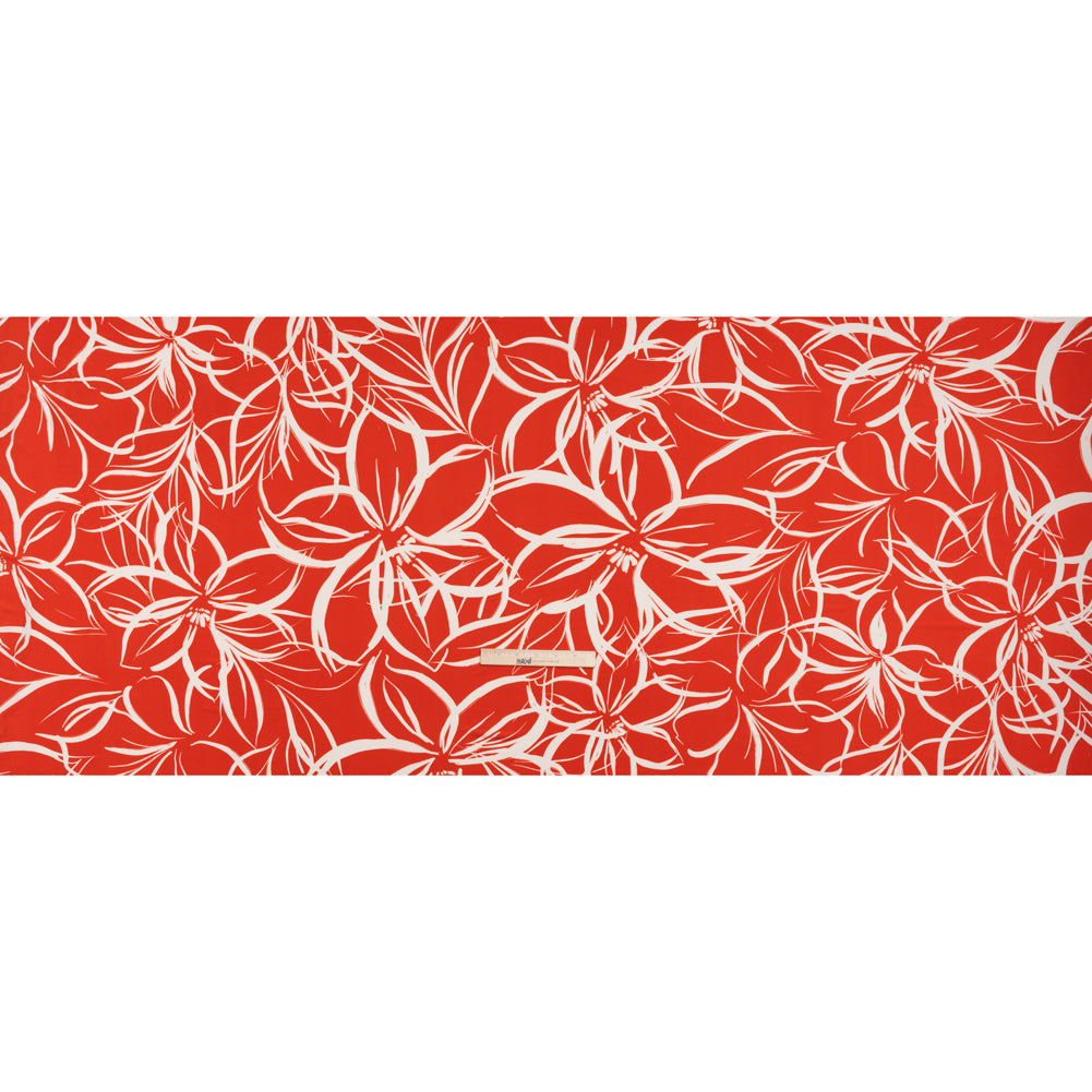 Stretch Polyester Tricot - Orange Red and White Flowers and Leaves - Designer Deadstock