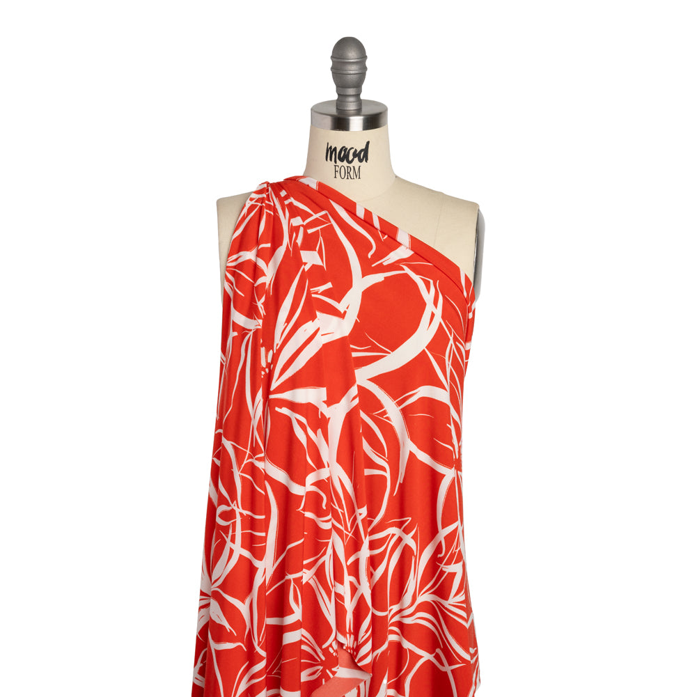 Stretch Polyester Tricot - Orange Red and White Flowers and Leaves - Designer Deadstock
