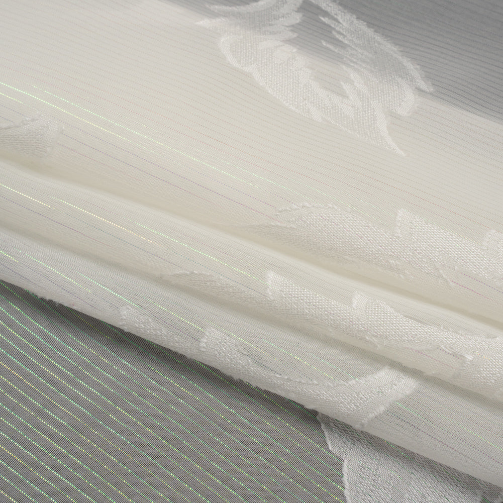 Burnout Brocade with Iridescent Pinstripes - White Leaves - Designer Deadstock - Folded