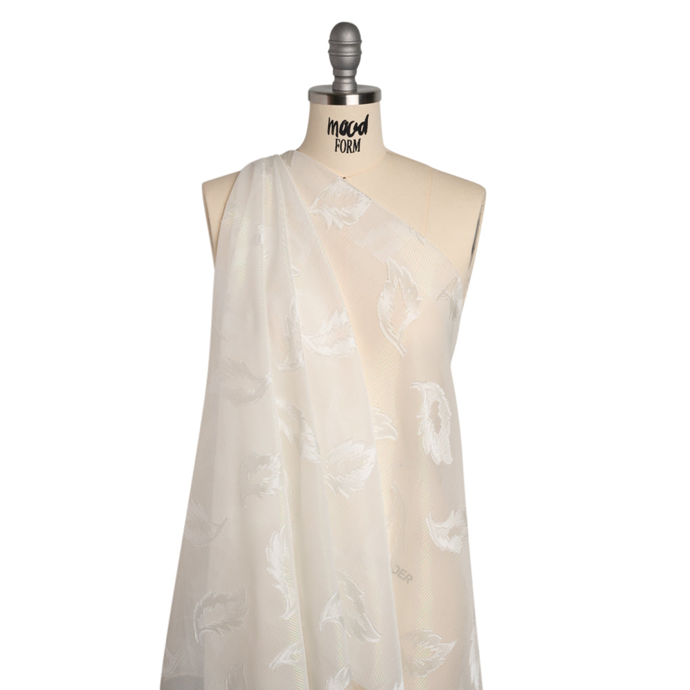 Burnout Brocade with Iridescent Pinstripes - White Leaves - Designer Deadstock - Drape