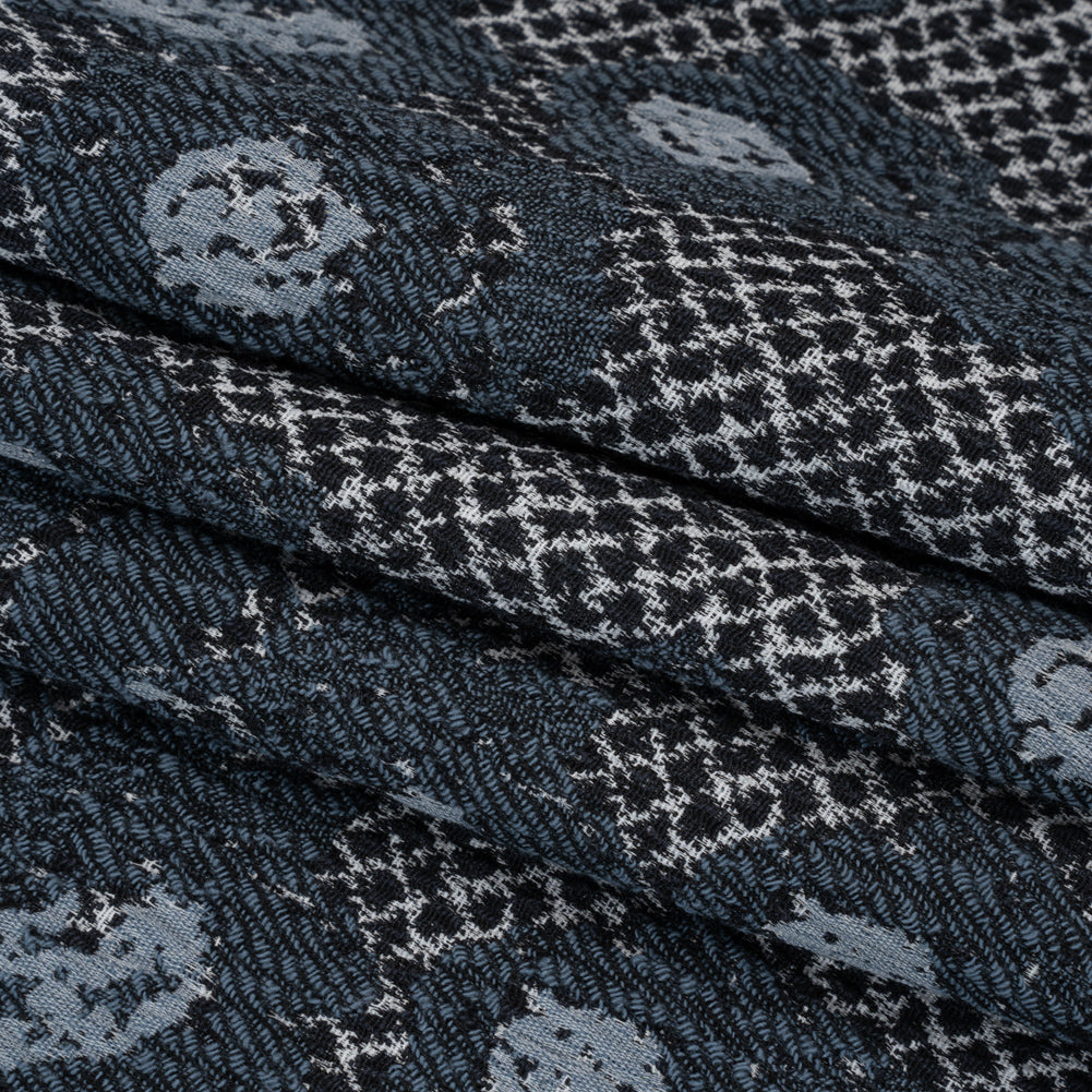 Cotton and Polyester Matelasse - Blue and Black Diamonds and Flowers - Designer Deadstock - Folded