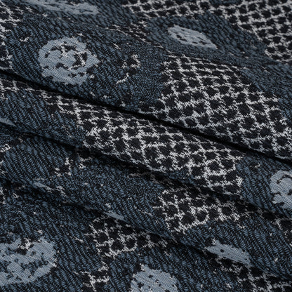 Cotton and Polyester Matelasse - Blue and Black Diamonds and Flowers - Designer Deadstock