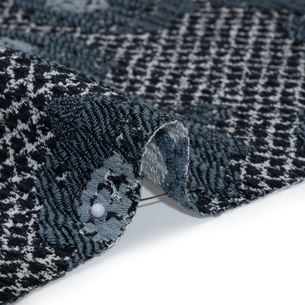 Cotton and Polyester Matelasse - Blue and Black Diamonds and Flowers - Designer Deadstock - Detail