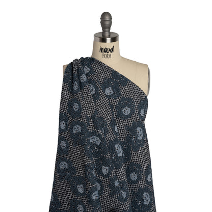 Cotton and Polyester Matelasse - Blue and Black Diamonds and Flowers - Designer Deadstock