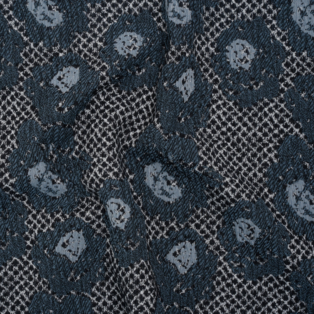 Cotton and Polyester Matelasse - Blue and Black Diamonds and Flowers - Designer Deadstock
