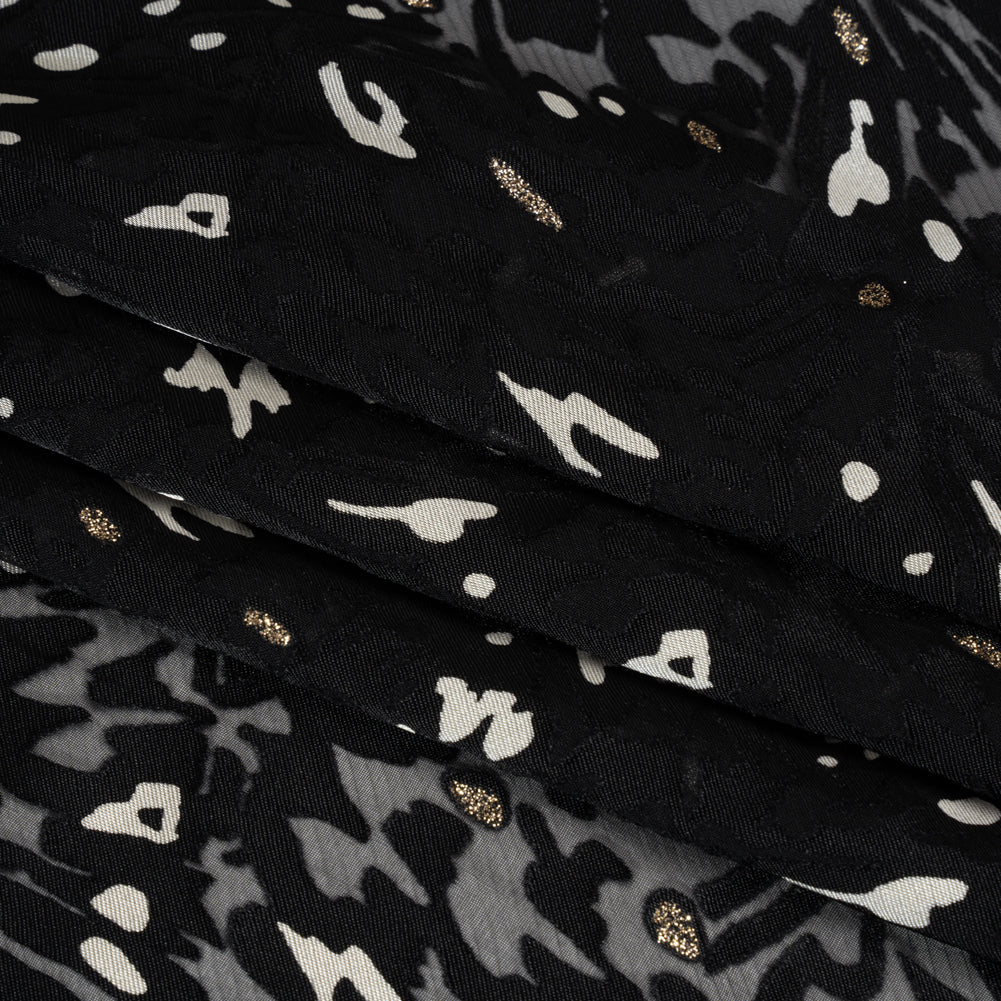 Satin-Faced Burnout Jacquard with Gold Glitter - Black and White Abstract - Designer Deadstock