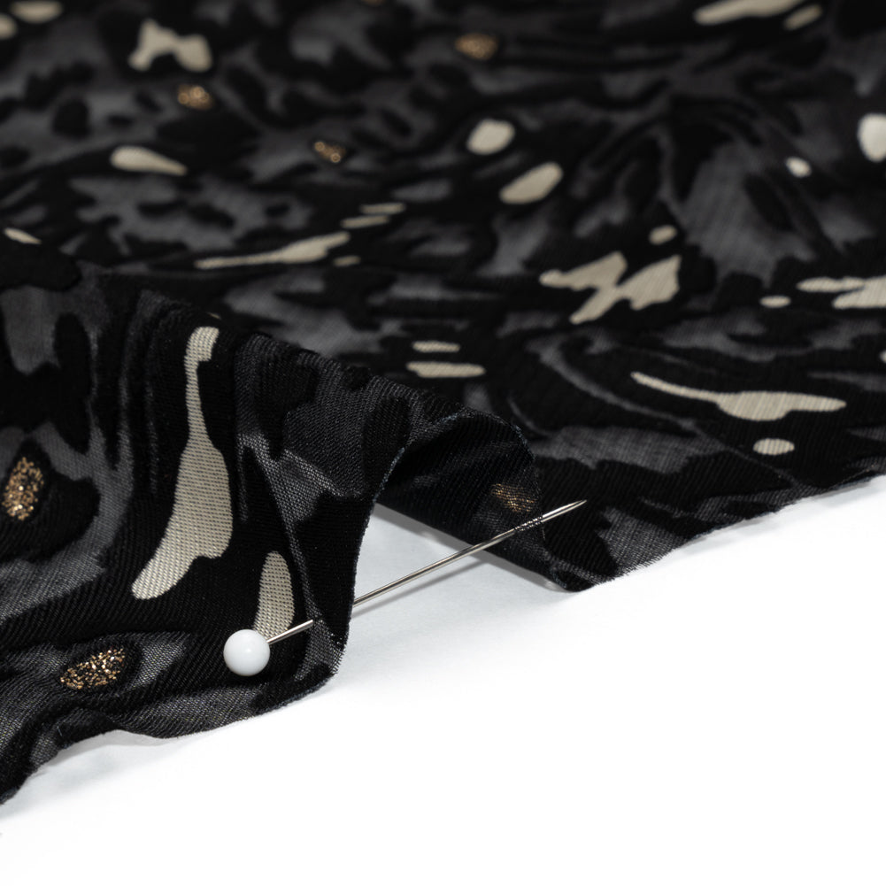 Satin-Faced Burnout Jacquard with Gold Glitter - Black and White Abstract - Designer Deadstock