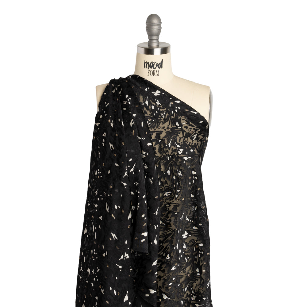 Satin-Faced Burnout Jacquard with Gold Glitter - Black and White Abstract - Designer Deadstock
