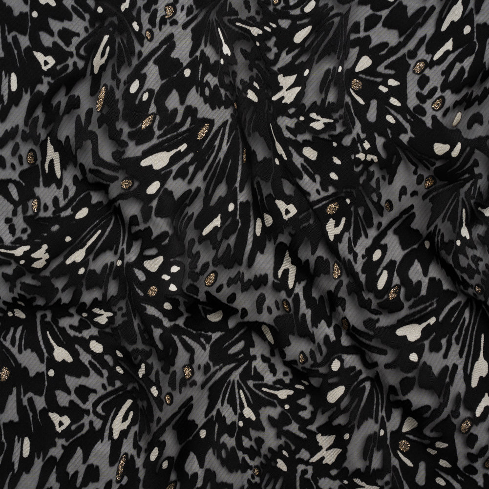 Satin-Faced Burnout Jacquard with Gold Glitter - Black and White Abstract - Designer Deadstock