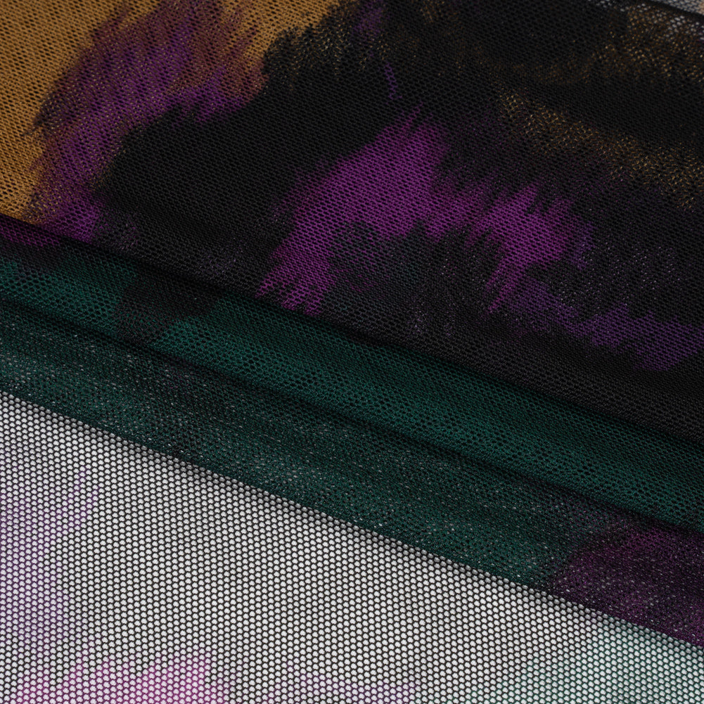 Polyester Stretch Mesh - Dark Green, Purple and Gold Ikat Floral - Designer Deadstock