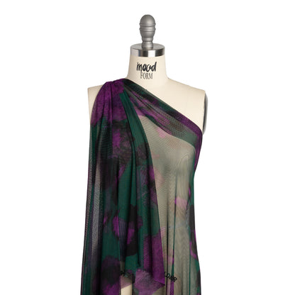 Polyester Stretch Mesh - Dark Green, Purple and Gold Ikat Floral - Designer Deadstock