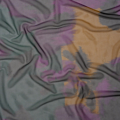 Polyester Stretch Mesh - Dark Green, Purple and Gold Ikat Floral - Designer Deadstock