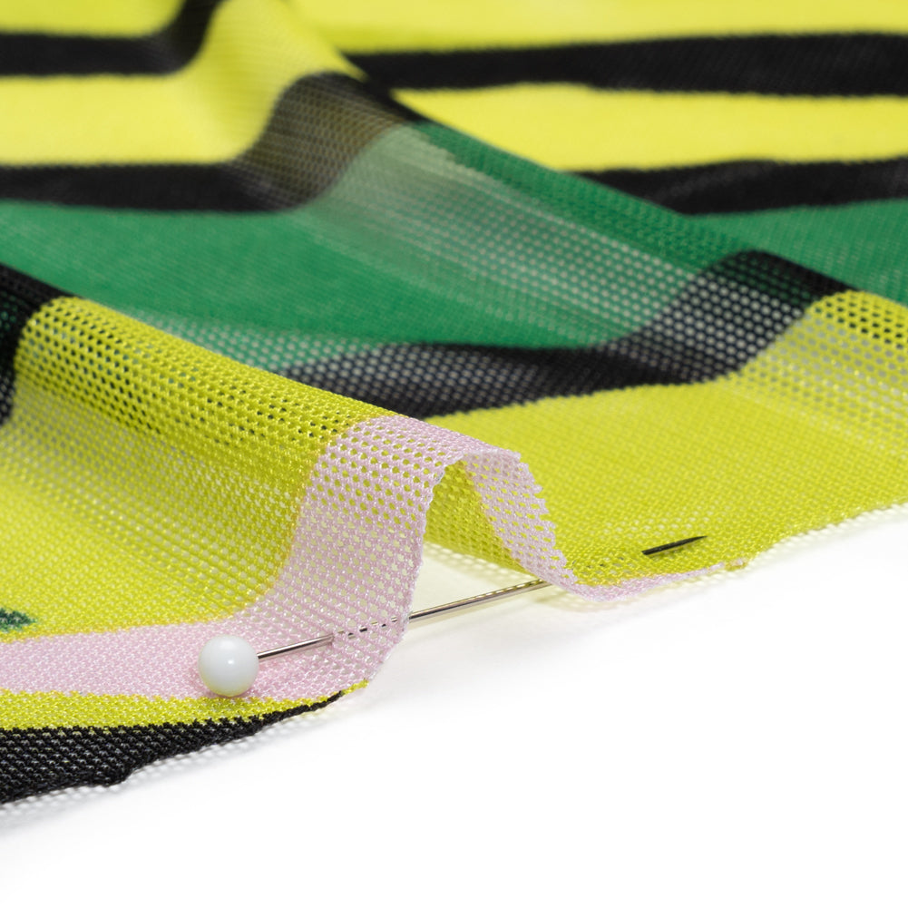 Stretch Polyester Mesh - Green, Pale Pink and Yellow Leaves - Designer Deadstock - Detail