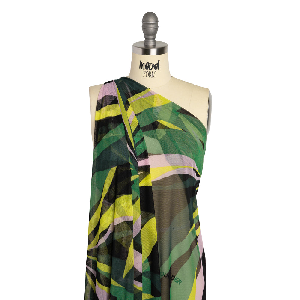 Stretch Polyester Mesh - Green, Pale Pink and Yellow Leaves - Designer Deadstock - Drape