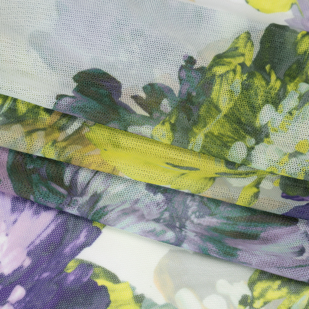 Polyester Stretch Mesh - Yellow, Olive and Navy Floral - Designer Deadstock - Folded