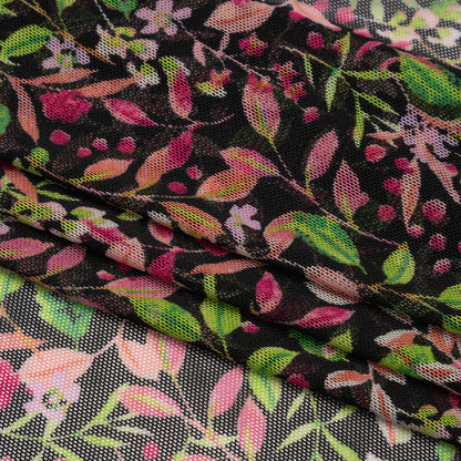 Polyester Stretch Mesh - Black, Pink and Green Flowering Vines - Designer Deadstock