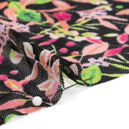Polyester Stretch Mesh - Black, Pink and Green Flowering Vines - Designer Deadstock