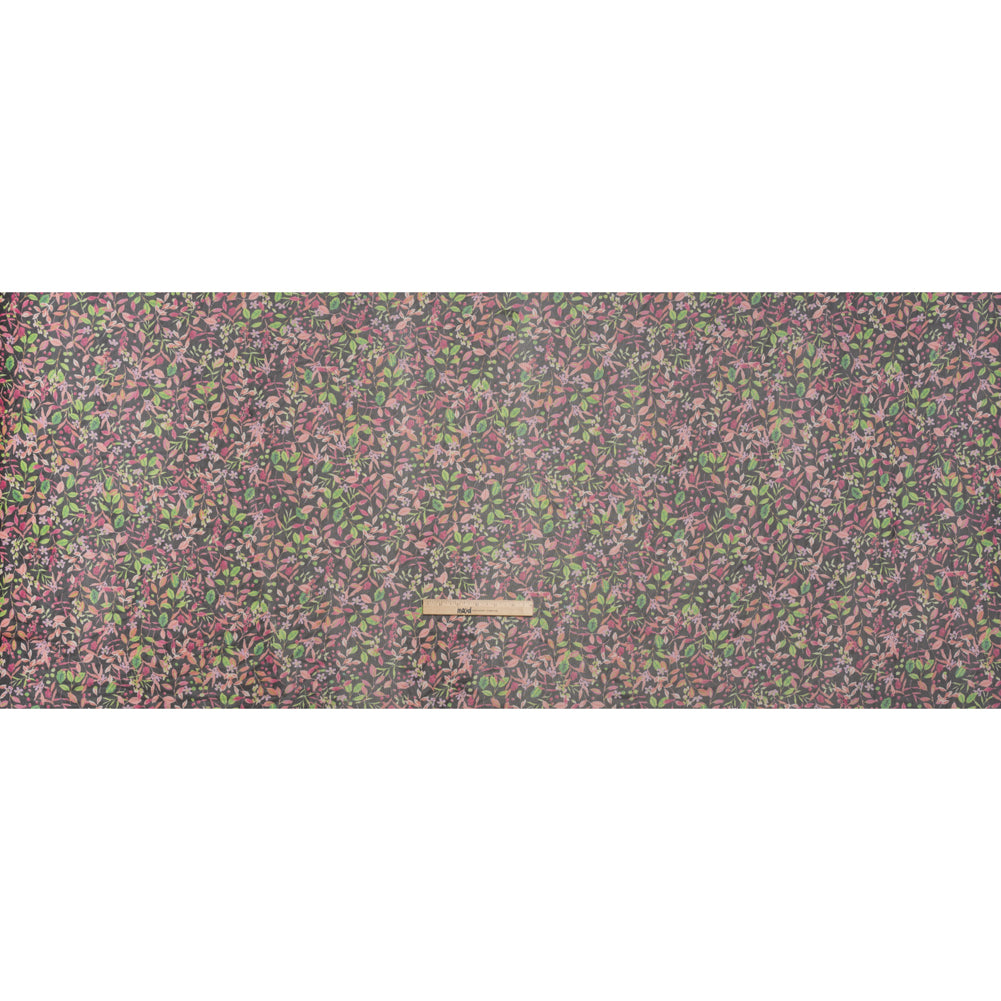 Polyester Stretch Mesh - Black, Pink and Green Flowering Vines - Designer Deadstock