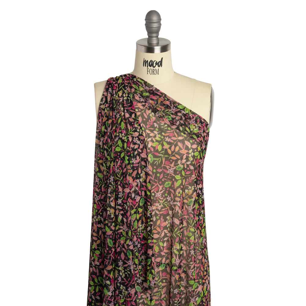 Polyester Stretch Mesh - Black, Pink and Green Flowering Vines - Designer Deadstock