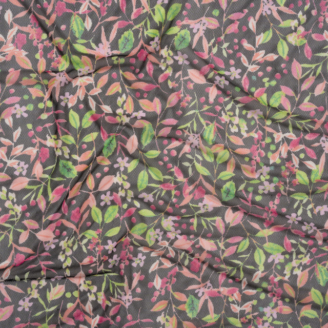 Polyester Stretch Mesh - Black, Pink and Green Flowering Vines - Designer Deadstock