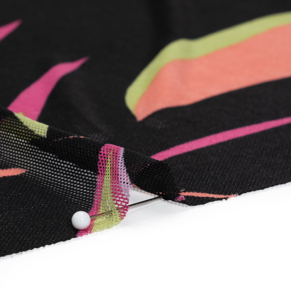 Polyester Stretch Mesh - Black, Hot Pink and Lime Green Leaf Party - Designer Deadstock